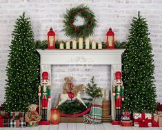 a fireplace decorated for christmas with candles and decorations on the mantel above it is a nutcracker