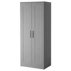 a tall gray cabinet with two doors