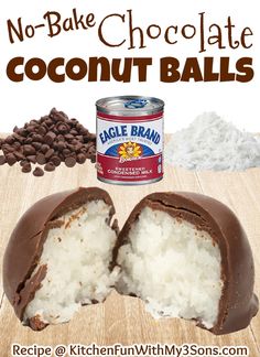 chocolate coconut balls are cut in half and placed on a wooden table with text overlay that says no - bake chocolate coconut balls