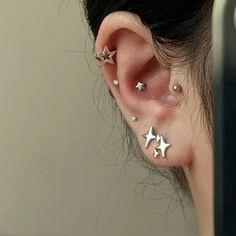 TAVIMART - Silver Color Star Stud Earring for Women Y2K Punk Gothic Helix Shinning Pentagram Piercing Ear Bone Nail Jewelry Accessories 3 Ear Piercings, Conch Piercing Stud, Silver Earrings Aesthetic, Star Gender, Different Ear Piercings, Septum Piercing Jewelry, Y2k Star, Tragus Jewelry, Helix Piercing Jewelry