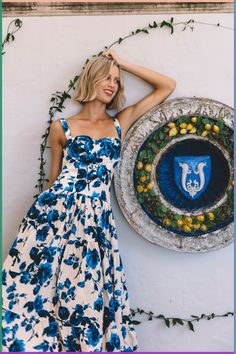 a woman in a blue and white dress leaning against a wall with an emblem on it