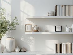 a white shelf filled with books and vases