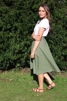 "Simple and chic easy-wear skirt in linen fabric - perfect for elevated casual dressing; melding comfort and ease of wear with a fashionable appearance. This 'Lara' skirt is chic and versatile, to be dressed up or down. The skirt has a fitted flat waistband and flows away from the hips in an A-line shape for lots of swish. ------------------- THE INTERNALS: No lining - the skirt is light and breathable to make the most of the natural qualities of linen (keeps you cool in summer and warm in winte Flowy A-line Summer Bottoms, Green A-line Maxi Skirt For Spring, Summer Midi Pleated Skirt, Relaxed Gathered Maxi Skirt For Summer, Relaxed A-line Maxi Skirt For Spring, Green Lined Midi Pleated Skirt, Flowy Flared Summer Skirt, Summer Flowy Gathered Skirt, Summer Green Lined Maxi Skirt