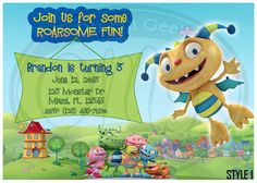 a cartoon character birthday party with an image of a bee flying over the ground and other characters