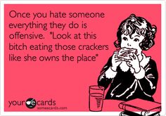 Once you hate someone everything they do is offensive. 'Look at this bitch eating those crackers like she owns the place'. Quotes About Haters, Lol So True, E Card, Ecards Funny, Laughter Is The Best Medicine, Someecards, Rabbit Hole, Instagram Quotes, Laugh Out Loud