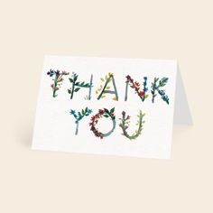 a thank card with the words thank you written in colorful flowers and leaves on it