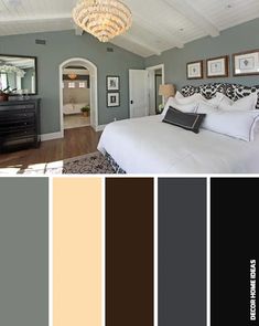 a bedroom with gray walls, white bedding and wooden floors is shown in the color scheme