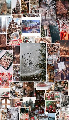 a collage of photos with christmas trees and other things in the background, including letters that spell out let it snow