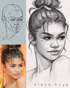 a drawing of a woman's face with different angles and hair styles, including the head