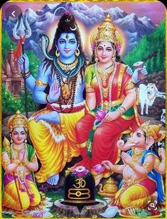 an image of hindu god sitting on the ground with his family in front of him