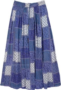 A straight fit, free-flowing, half-lined and slightly crinkled rayon long skirt in Egyptian blue and off-white.  The interesting thing about this skirt is that it looks like a patchwork skirt at first sight, but it's actually not. #tlb #Floral #Printed #Paisley #RayonSkirt #StonewashedSkirt #ComfortableAirySkirt #SummerSkirt #SummerVacationSkirt Blue Long Skirt Outfit, Blue Patchwork Maxi Skirt For Spring, Hippie Skirt, Blue Patchwork Maxi Skirt For Summer, Blue Patchwork Skirt, Hippie Style Blue Long Skirt, Hippie Blue Patchwork Bottoms, Blue Long Patchwork Skirt, Hippie Blue Long Skirt