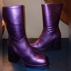 Metallic Purple Leather Ankle Boots Purple Leather Boots With Round Toe, Purple Leather Ankle-high Boots, Purple Leather Block Heels, Fall Purple Platform Boots, Purple Leather Round Toe Platform Boots, Party Platform Boots With Stacked Heel In Faux Leather, Purple Leather Platform Boots With Round Toe, Party Platform Boots In Faux Leather Medium Width, Party Platform Boots In Faux Leather