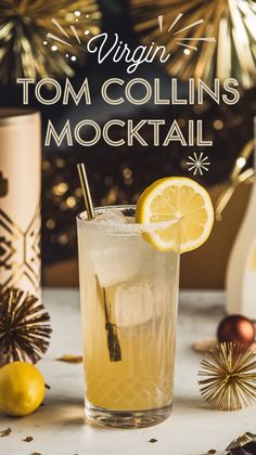 a close up of a drink in a glass on a table with lemons and confetti