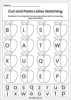 an apple cut and paste letter matching worksheet for children to practice their handwriting skills