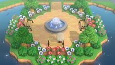 an animal crossing game with flowers and benches in the foreground, along with water