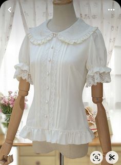 Pop Drawing, Women Lace Blouse, White Ruffle Blouse, White Short Sleeve Blouse, Japanese Doll, Chiffon Shorts, Doll Collar, Mori Kei, Sweet Shirt