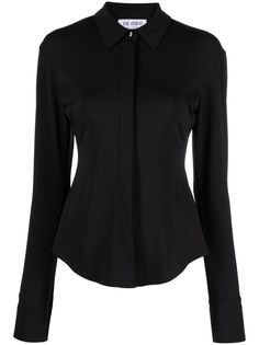 black stretch-jersey classic collar concealed front button fastening long sleeves cuff sleeves fitted waistline curved hem Black Button Down, Black Long Sleeve Shirt Outfit, Long Sleeve Button Up Shirt Outfit, Black Dress Shirt Women, Black Fitted Shirt, Long Sleeve Shirt Outfits, Thrift Board, Black Button Up Shirt, Oxford Style