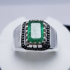 Dark green rich clear stone beautiful color and luster High quality emerald cut Stone From our own rough lot Stone weight 2 carats Band size 10 US resize able Contact me in case of any question Silver Emerald Cut Gemstone Signet Ring, Silver Emerald Ring With Rectangular Stone, Emerald Crystal Ring With Emerald Cut, Rectangular Emerald Gemstone Rings, Silver Octagon Emerald Ring, Silver Emerald Jewelry With Rectangular Stone, Silver Jewelry With Rectangular Emerald, Silver Octagon Emerald Ring For May Birthstone, Handmade Silver Emerald Cut Ring