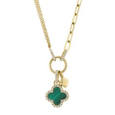 Rich in color, she will love the deep green hues in this necklace from Shy Creation. Crafted in 14k yellow gold, this necklace features malachite and sparkling round diamonds that form a clover shape. This glistening clover is set on a circle link with a paperclip chain on one side and a double chain on the other. The diamonds are 1/8ctw, H in color, and SI2 in clarity. The pendant measures 0.90 inches in length and 0.40 inches in width and is set on a chain that can be worn at a variety of leng Jewelry Style Guide, W Necklace, Multi Chain Necklace, Dangle Necklace, Jared The Galleria Of Jewelry, Dangle Necklaces, Yellow Gold Necklace, Clover Necklace, Green Hues