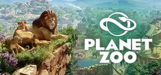 the logo for planet zoo with two lions on top of a cliff and trees in the background