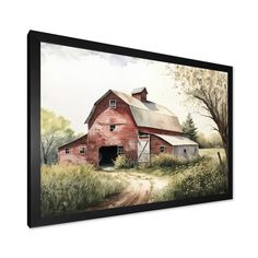 a painting of a red barn on a white background