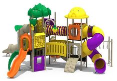 a children's play area with colorful slides and climbing equipment