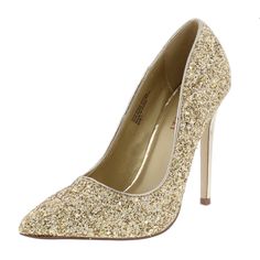 Gold Sparkles Pointes Toe Metallic Stilettos Heel A Glamorous Party Needs A Glamorous Part Shoe - Features Pointed Toe Paired With A Covered Heel - Gold Sparkles Embellished Upper - Single Sole Styling With A Metallic Heel Man Made Materials Approximate Heel Height 4 1/2 Inches Gold 4-inch Heels For Party, Gold Party Heels With 4-inch Heel, Glamorous Gold Heels For Night Out, Fitted Heels For Party Season Event, Gold Heels With 4-inch Heel For Night Out, Gold Heels For Prom And Party Season, High Heel Holiday Event Heels, Gold High Heels For Events, Fitted Gold Heels For Events