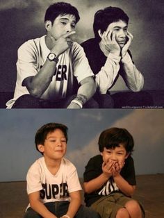 two young boys sitting next to each other with their hands on their faces and the same boy covering his mouth