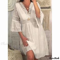 Olivia Mark - Chic Floral Patterned Evening Dress with Flowing Silhouette Lace Embroidery Dress, Flare Sleeve Dress, Elegant Party Dresses, Boho Mini Dress, Lace Dress With Sleeves, Mexican Dresses, Lace Splicing, Floor Length Gown, Spring Summer Dress