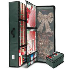 an open book case filled with assorted books and wrapping paper on top of each other