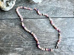 Ombre pink gemstone candy necklace. This lovely, delicate gemstone necklace contains gemstones in shades of pastel pink and purple with occasional hints of golden yellow. Peruvian opal, moonstone, lavender moonstone, citrine, amethyst, freshwater pearl, morganite, agate, lavender opal, rhodochrosite, and spinel. Finished with a sterling silver clasp. The gems in this necklace are a more delicate 5-6mm size, and are individually hand knotted onto rose colored silk. Necklace is about 18.25 inches Shades Of Pastel Pink, Pastel Pink And Purple, Pink Gemstone Necklace, Lavender Opal, Opal Moonstone, Candy Necklace, Silk Necklace, Candy Necklaces, Ombre Pink