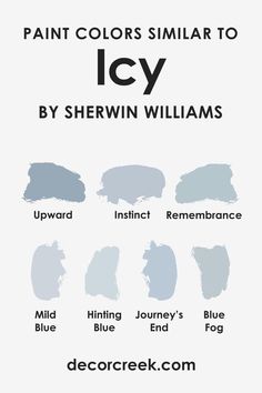 Colors Similar to Icy SW-6534 by Sherwin Williams Icy Sherwin Williams Paint Bedroom, Sw Icy Paint, Icy Sherwin Williams Paint, Benjamin Moore Instinct, Coastal Colors Sherwin Williams, Sherwin Williams Blues, Valspar Blue, Rainwashed Sherwin Williams, Blue Benjamin Moore