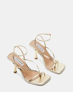 ANNIE Champagne Strappy Heel | Women's Square Toe Heel – Steve Madden Hoco Heels, Hoco Shoes, Champagne Heels, Gold Strappy Heels, Heels Prom, Vegan Leather Handbag, 22nd Birthday, Square Toe Heels