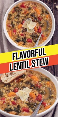 two bowls filled with soup on top of a wooden table and the words flavorful lentil stew above it