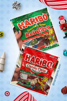 various christmas candies and other holiday decorations on a blue background with the words harbo next to them