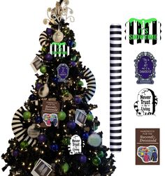 a decorated christmas tree with black and white stripes, green and purple ornaments and decorations