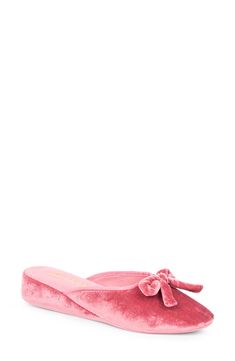 A cushioned wedge puts plenty of padding between you and the ground in this luxe slipper made from velvet. Textile upper, lining and sole Imported | Patricia Green Bow Wedge Slipper Look Rich, Pink Slippers, Velvet Slippers, Comfortable Wedges, Cute Slippers, Aesthetic Shoes, Velvet Bow, Pointed Toe Flats, Dream Shoes