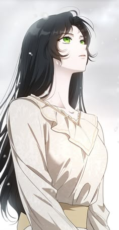 a woman with long black hair and green eyes is standing in front of the sky