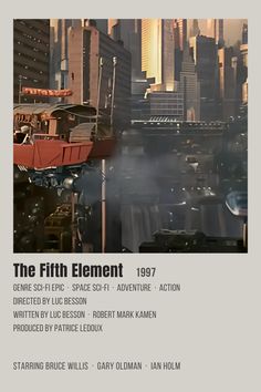 the fifth element poster is shown in front of a cityscape with skyscrapers