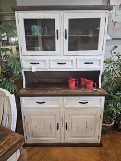 RUSTIC CANYON HUTCH AND BUFFET W/ WHITE DISTRESSED STAIN | The Rustic Mile Modern Farmhouse Hutch, Painted Hutch Ideas, Coffee Hutch, Hutch Redo, White Farmhouse Table, White Hutch, Repainted Furniture, Farmhouse Hutch, Painted Hutch