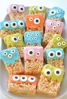 rice krispy treats decorated like monsters on a plate