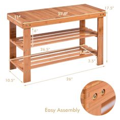 a wooden table with measurements for the top and bottom shelf on each side, along with an easy assembly guide