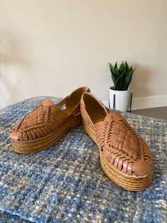 These huaraches were inspired by the classic Huaraches Mexicanos and espadrilles that I grew up with. These huarache shoes are made from 100% quality leather. The espadrille is 1 1/4 inches tall. Espadrille is made of rubber, not fabric. Full sizes only. They do run a little bigger so I would go half a size down if possible. If not, a heel gripper should do the trick. Price includes the $11 shipping fee. Example: I'm a 6.5 but wear a size 6 in these. If you have questions about sizing, please se Slip-on Huaraches With Rubber Sole For Vacation, Casual Brown Espadrilles With Leather Footbed, Casual Huarache Sandals With Woven Sole For Beach, Casual Huarache Sandals With Woven Sole For Vacation, Casual Leather Huarache Sandals For Beach, Casual Open Toe Huarache Sandals With Woven Sole, Casual Woven Leather Slip-on Huarache Sandals, Casual Huarache Sandals For Beach With Rubber Sole, Casual Woven Leather Huarache Sandals