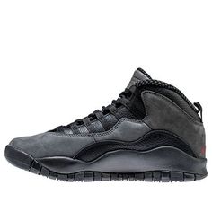 The Air Jordan 10 Retro "Shadow" bring a true retro of the 1994 original. This dark shoe features a nubuck and black tumbled leather upper with a Jumpman logo on the heel. The outsole is flared with red accents and the midsole is black. You will love the way this shoe feels when you put it on and the way it looks when you are wearing it. This shoe is perfect for anyone who loves Air Jordans or who wants to have a great looking shoe to wear out on the town. (SNKR/AJ10) Leather Jordan Shoes With Contrast Sole For Sports, Leather Jordan Shoes For Streetwear With Branded Insole, Leather Basketball Shoes With Cushioned Footbed For Streetwear, Classic Jordan Shoes For Streetwear With Round Toe, Leather Jordan Shoes With Contrast Sole For Streetwear, Leather Jordan Shoes With Boost Midsole For Streetwear, Classic Jordan Leather Shoes With Rubber Sole, Classic Leather Jordan Shoes With Rubber Sole, Classic Leather Jordan Sports Shoes