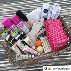 a basket filled with lots of beauty products