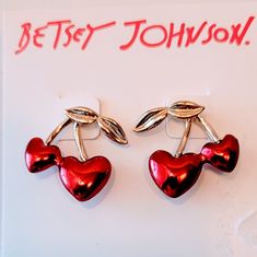 Red Cherry Hearts By Betsey Johnson. Cherry Colored Jewelry For Valentine's Day Party, Cherry-colored Jewelry For Valentine's Day Party, Cherry Color Jewelry For Valentine's Day Party, Cherry Jewelry For Valentine's Day Party, Trendy Red Heart Earrings For Valentine's Day, Trendy Red Earrings For Valentine's Day, Trendy Red Double Heart Earrings, Hot Pink Gifts, Crystal Blue Eyes