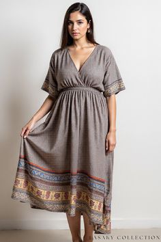 Elegant Earthy Bohemian Midi Dress with Printed Border and Elastic Waist Bohemian Midi Dress, Earthy Bohemian, Home Dress, Flowing Skirt, Earthy Tones, Boho Dress, Elegant Dresses, Fashion Brand, Unique Style