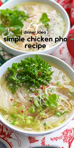 two bowls of chicken pho soup with garnishes