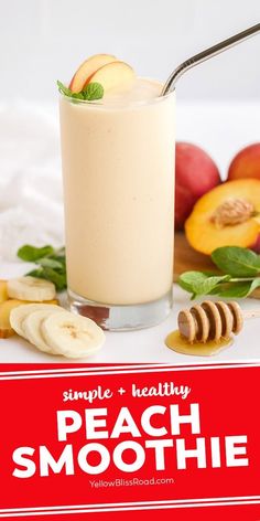 a smoothie is garnished with sliced peaches and mint on the side