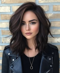 Stylish Smoky Brown Long Textured Lob for Brunettes Dark Smoky Brown Hair, Dark Mid Length Hair With Layers, Fall Burnett Hair Color, Dark Hair For Winter, Dark Lob Haircut, Midi Length Hair, Long Dark Bob, Fall Hair For Brunettes, Dark Fall Hair Color For Brunettes